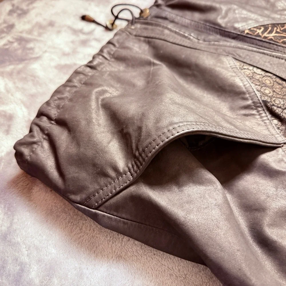 Vintage Winlit S Leather Black Bomber Jacket Gold Paisley Metallic Boho 80s 90s